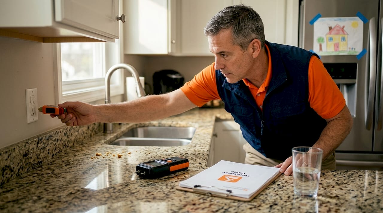 Inspector using outlet tester in lived-in kitchen