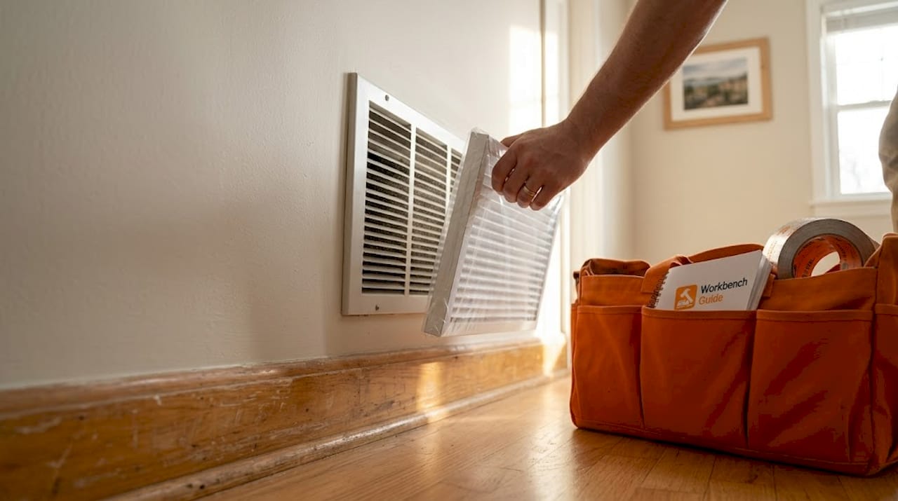 Hand replacing air filter beside HVAC vent