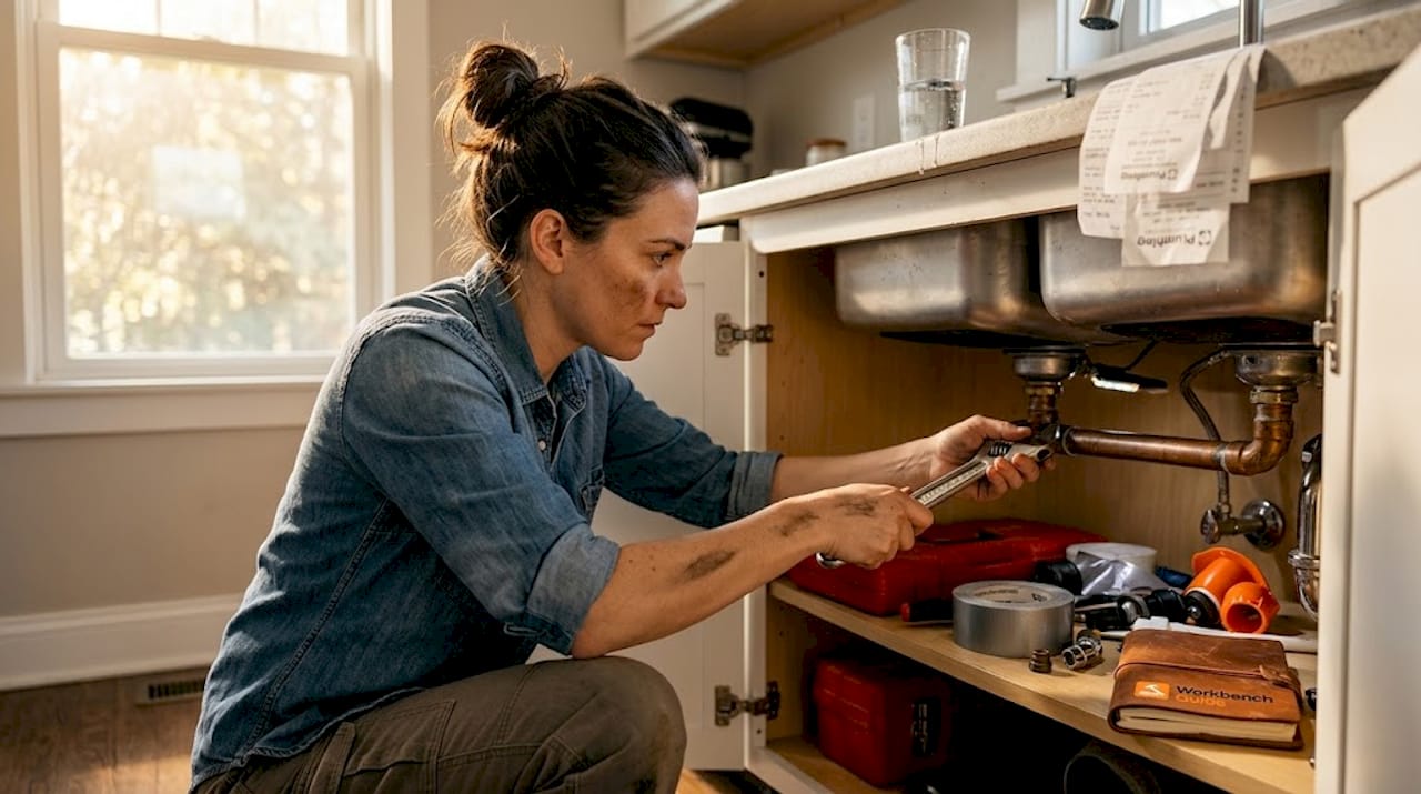Plumber fixes leaking kitchen pipe cabinet