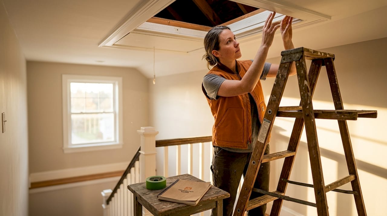 Person inspecting attic hatch for air leaks