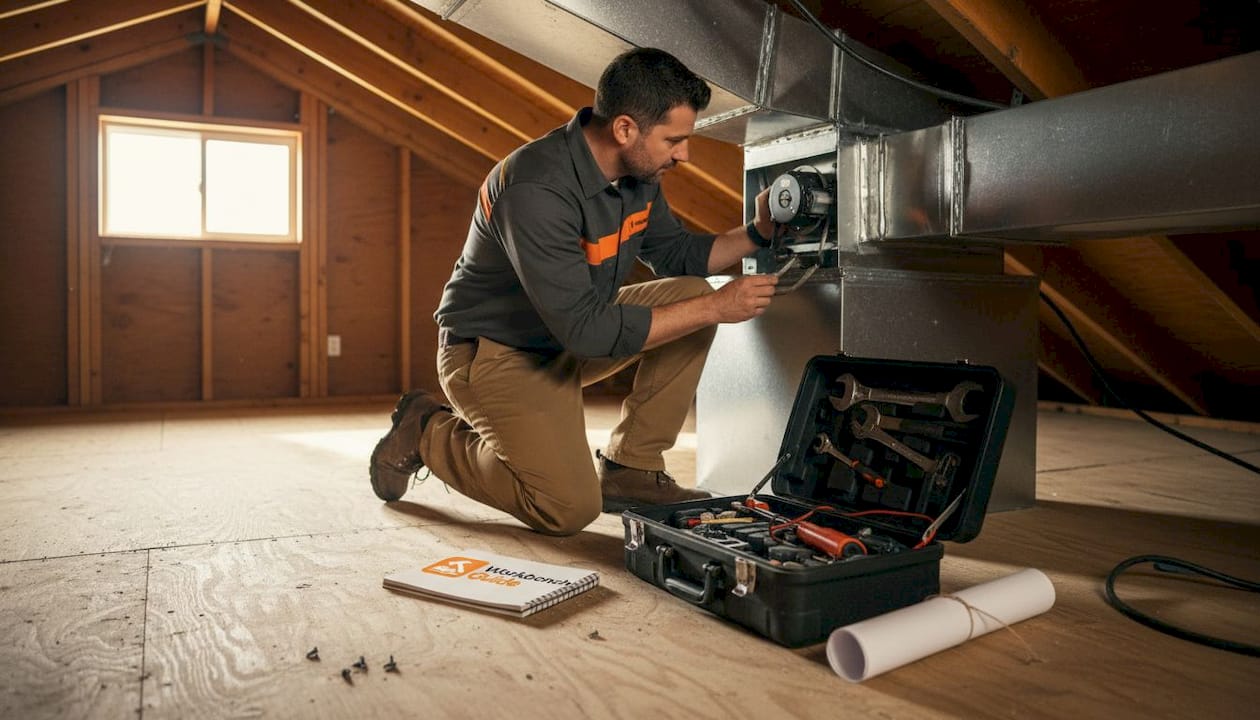 HVAC technician inspects zone damper in basement