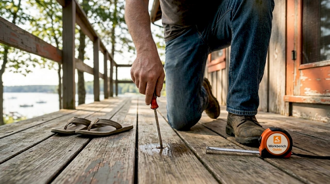 Person inspecting deck wood after rain