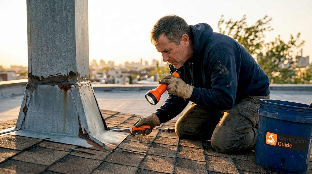 Technician inspecting damaged roof flashing