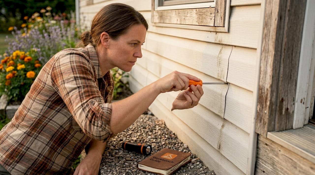 Person checking house siding for damage