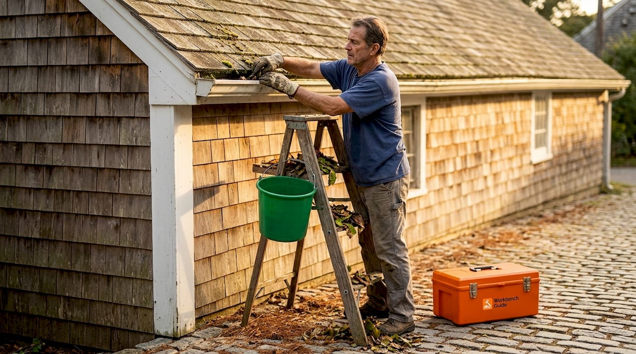 Man cleaning gutters on house roof in fall