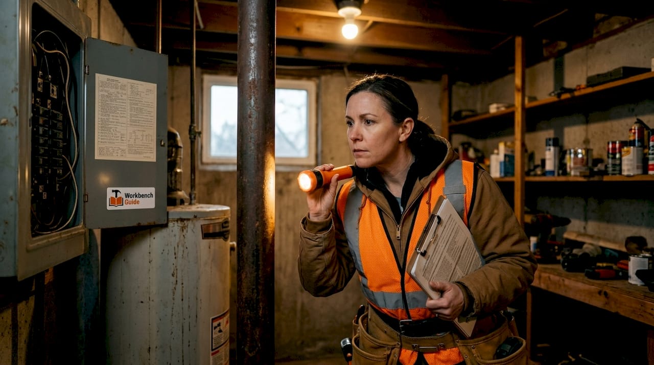 Inspector examines basement for safety hazards