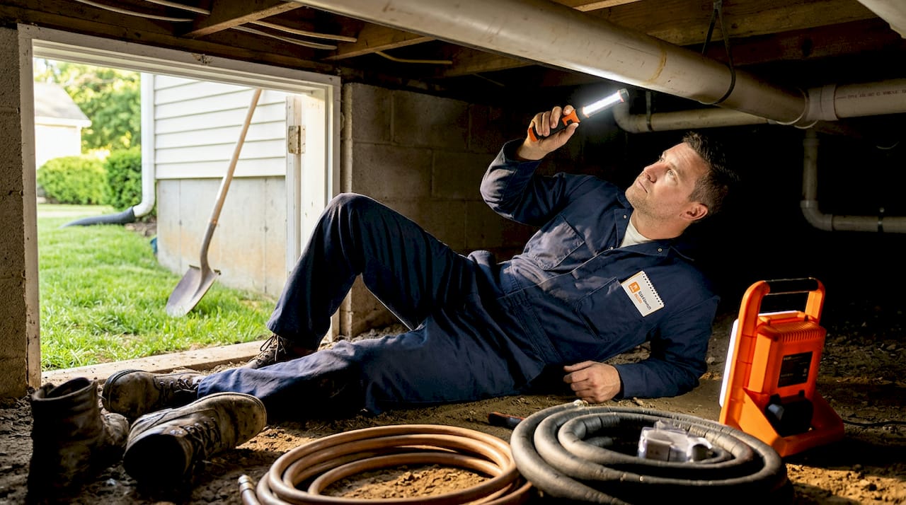 Plumber inspecting pipes in crawl space