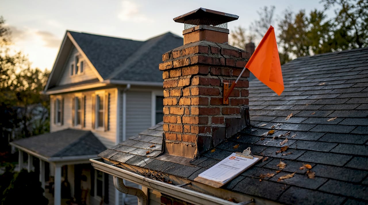 Aging chimney with cracked mortar and moss