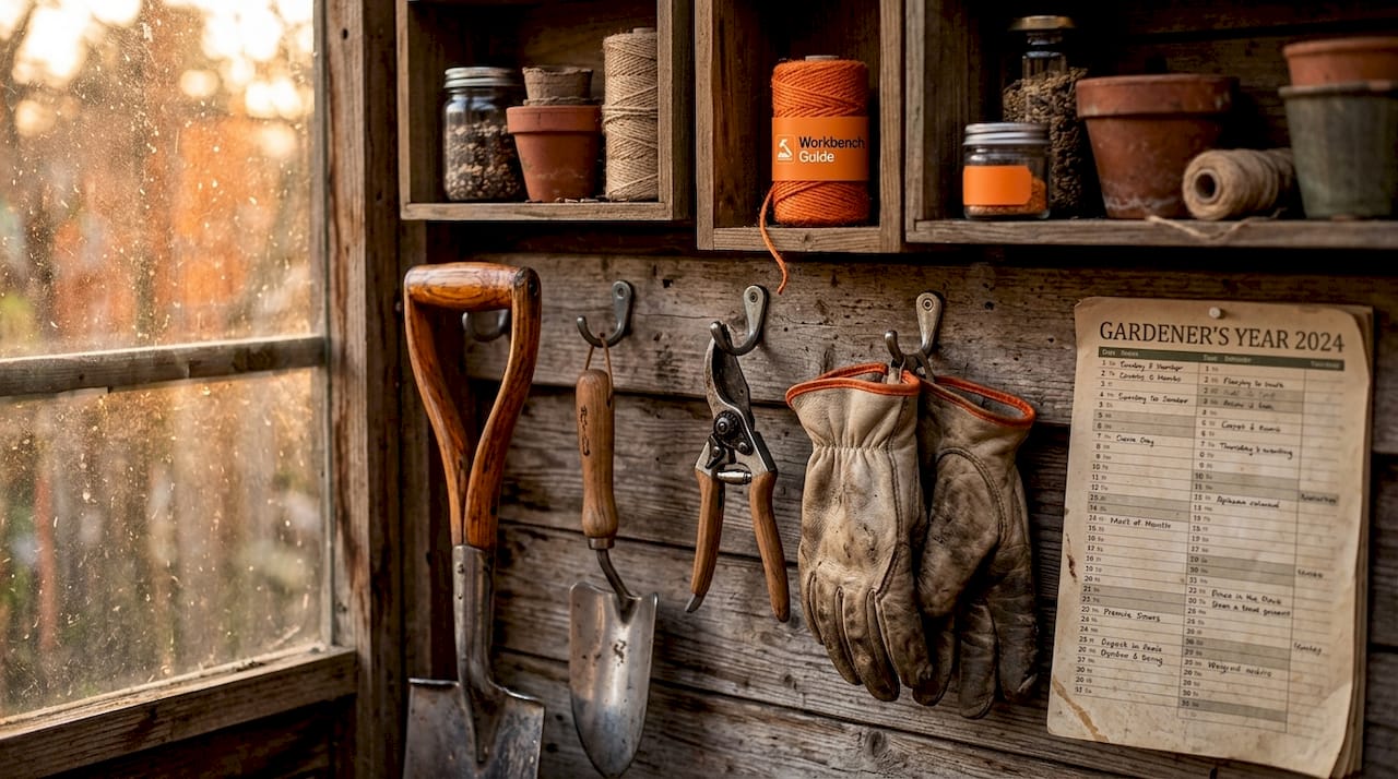 Garden tools hanging on garage wall