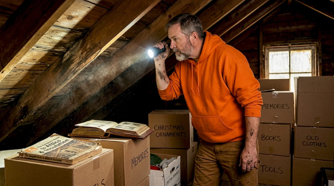 Person scans attic rafters for water stains