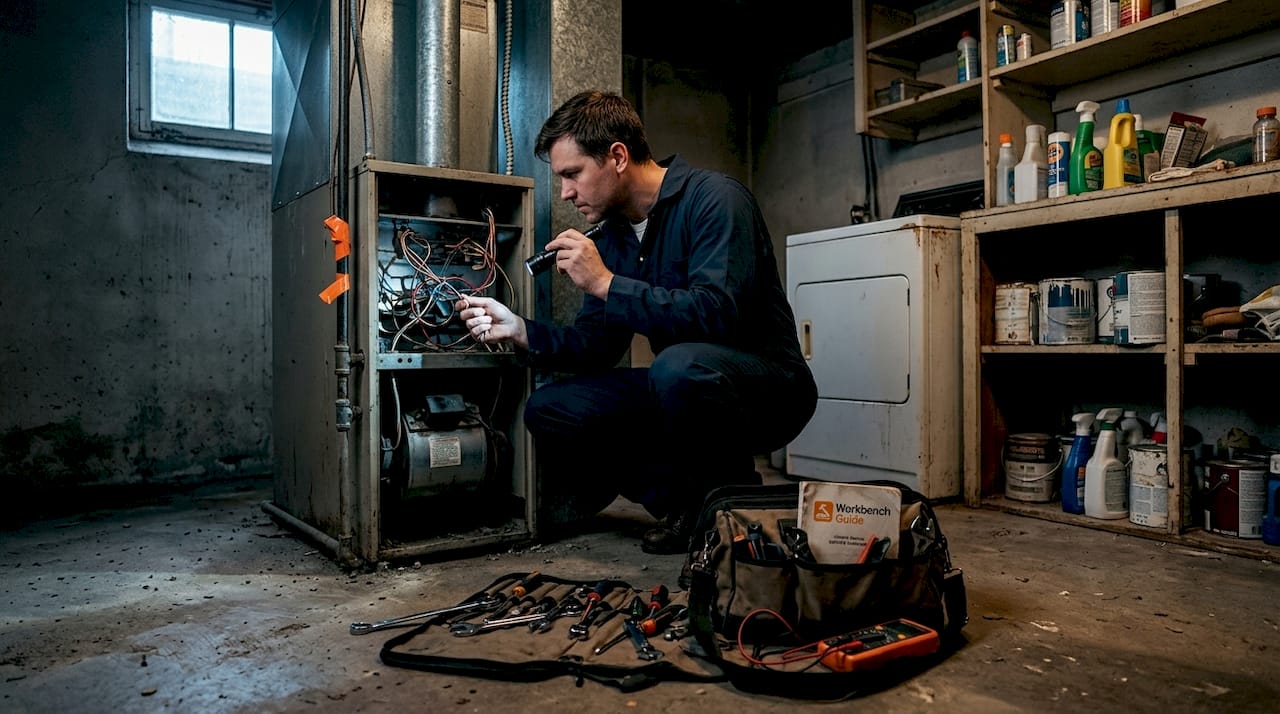 Maintenance technician servicing furnace in older home