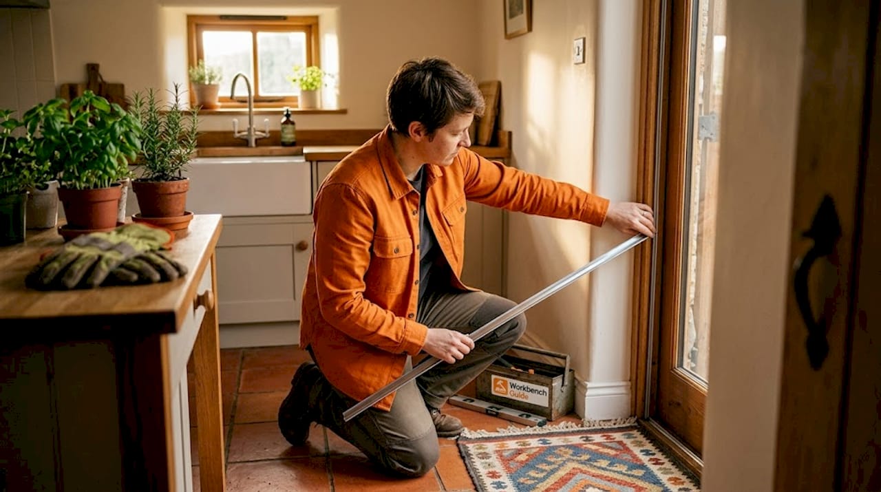 Person applying weatherstripping to front door