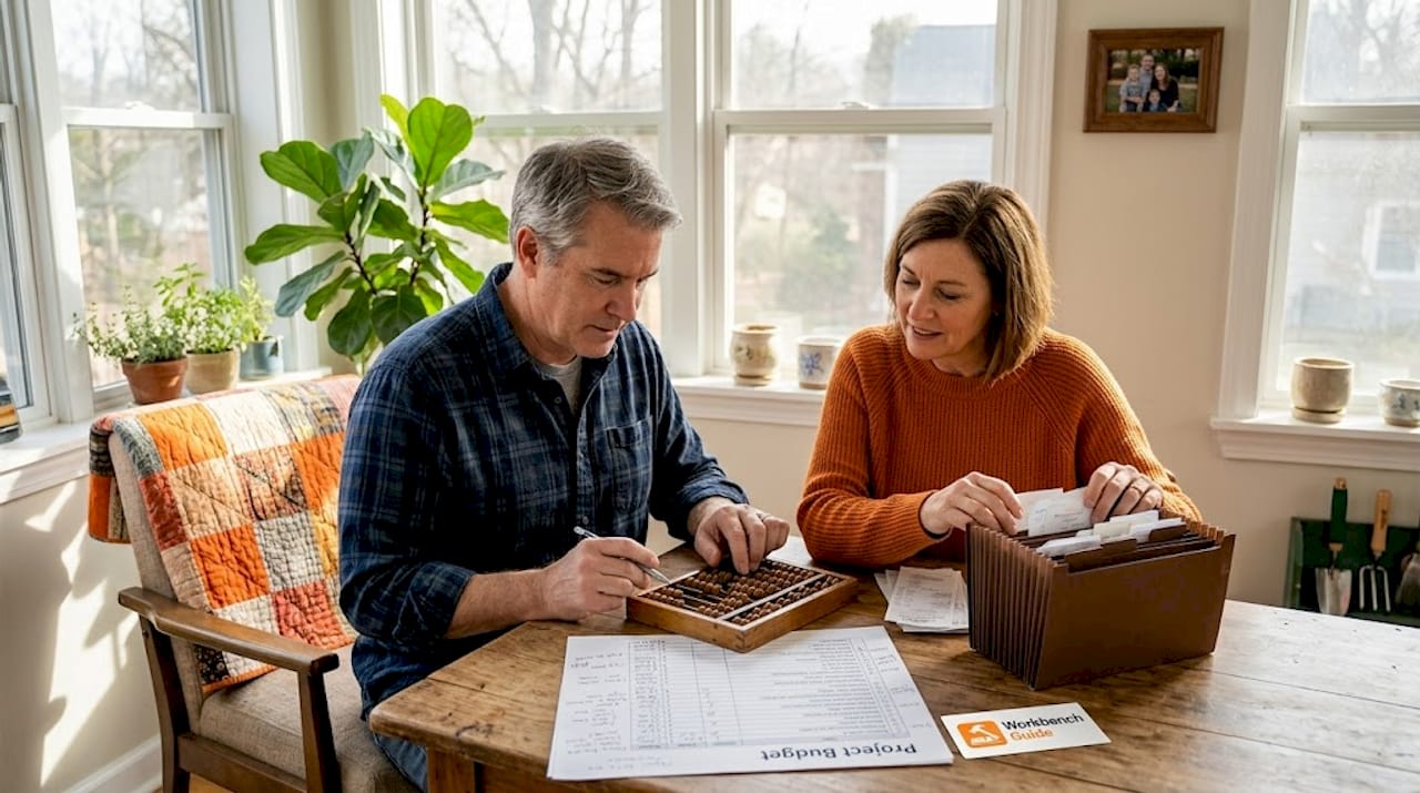 Couple reviewing renovation budget in kitchen