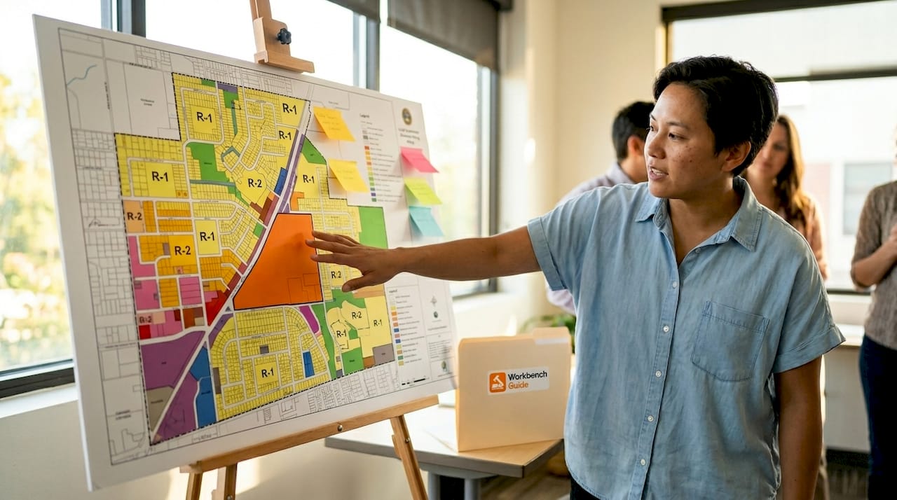 Zoning map pinned on corkboard with planner's hand