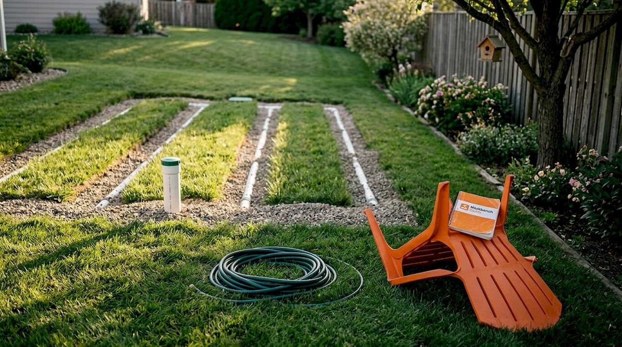 Residential septic drain field with pipes and grass
