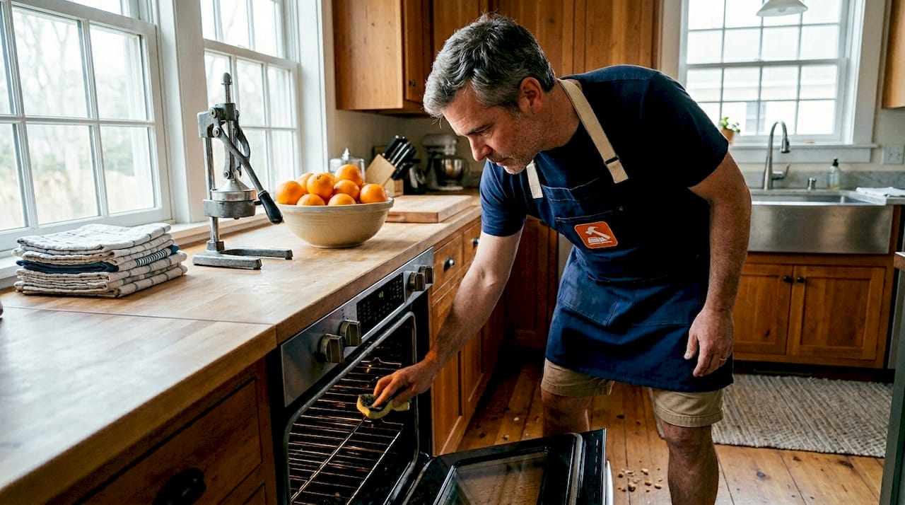 Man deep cleaning oven in a sunlit kitchen