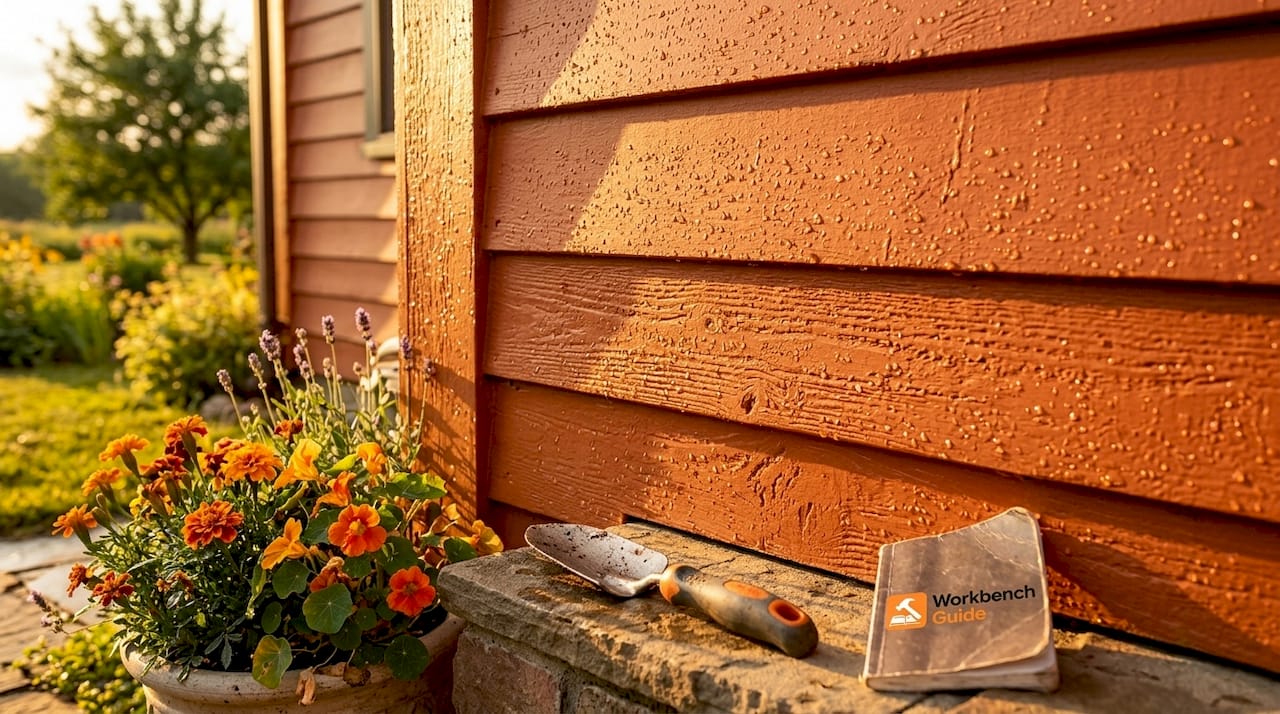 Painted wood siding repelling water droplets