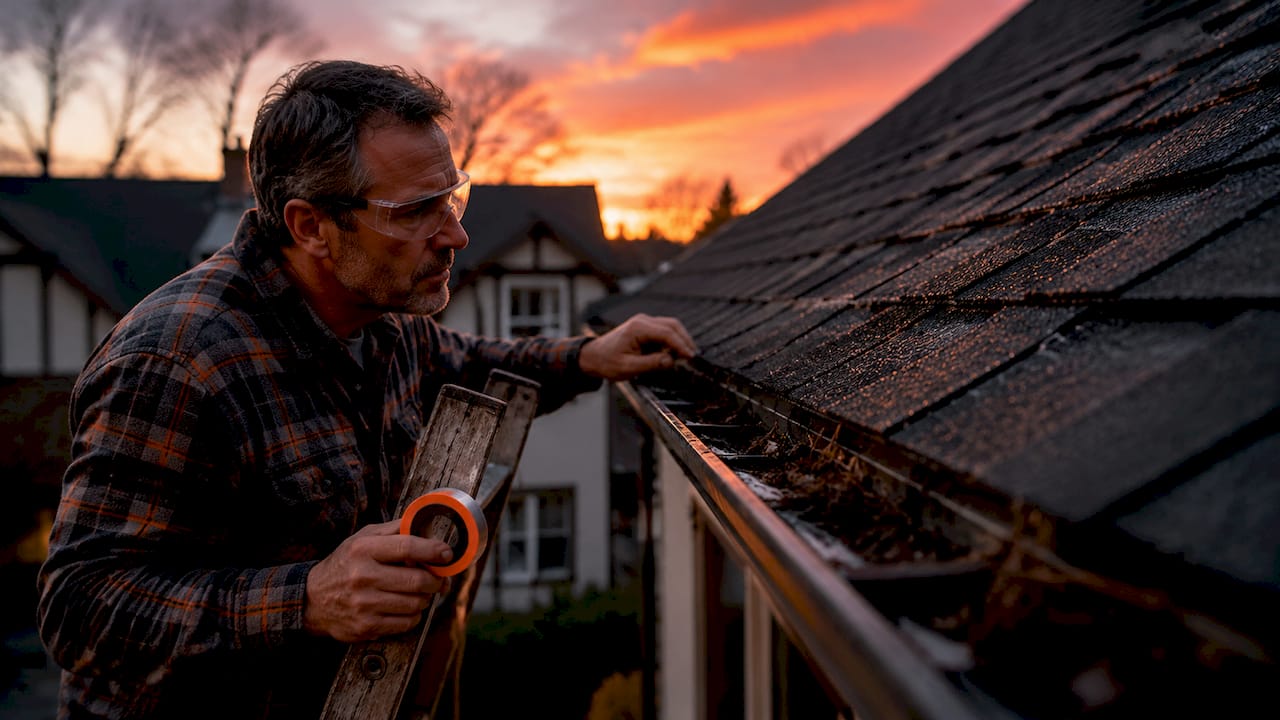 Close-up of person inspecting roof edge from ladder