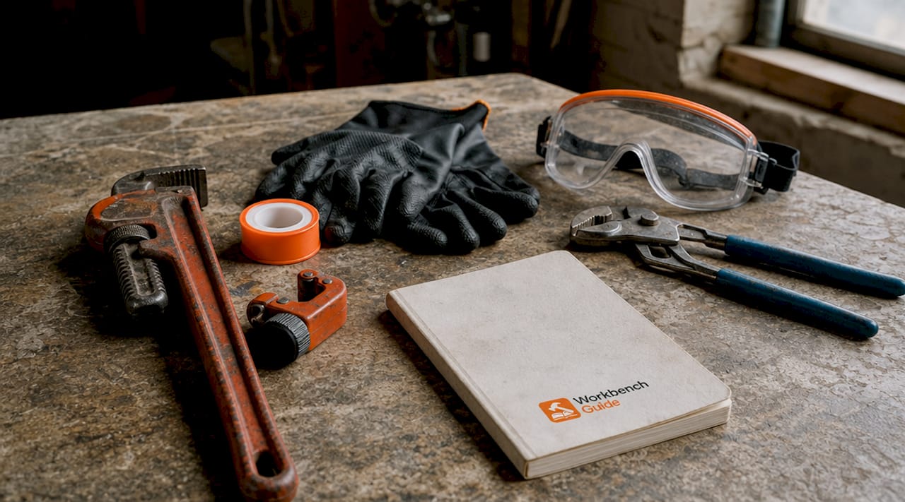Plumbing tools and safety gear flat lay