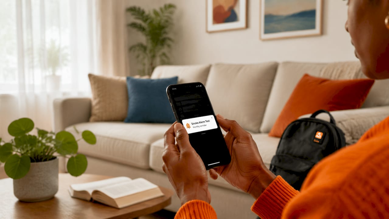 Hands holding phone with smoke alarm test reminder