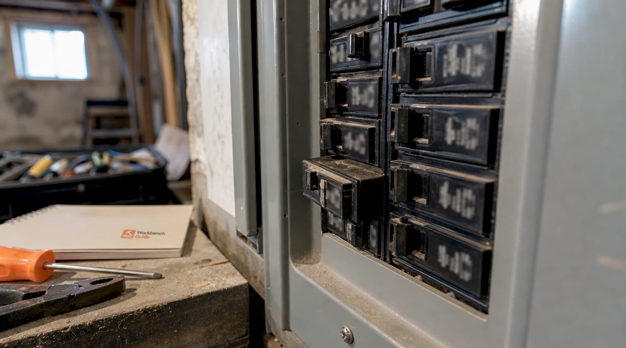 Close-up view of electrical breakers showing warning signs