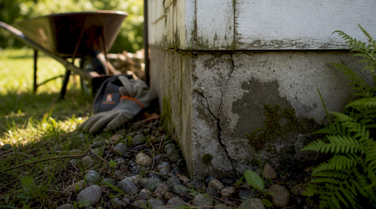 Wet foundation crack with moisture and garden tools