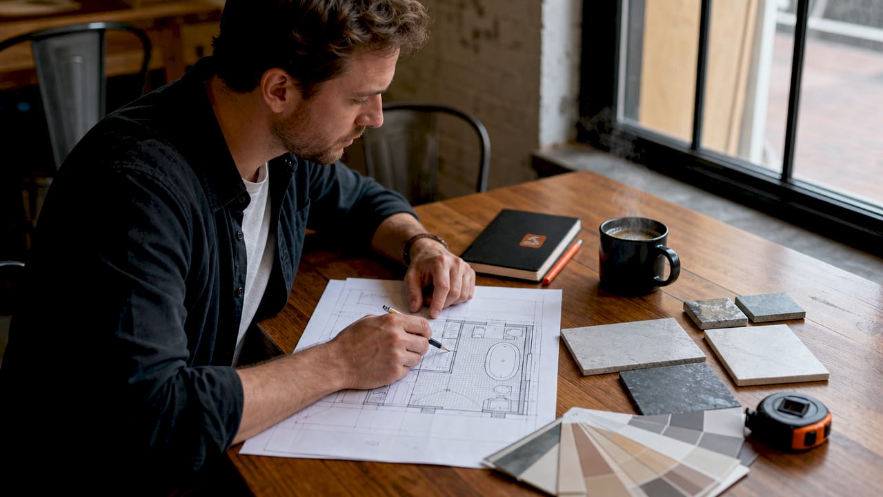 Hands marking bathroom floor plan at table