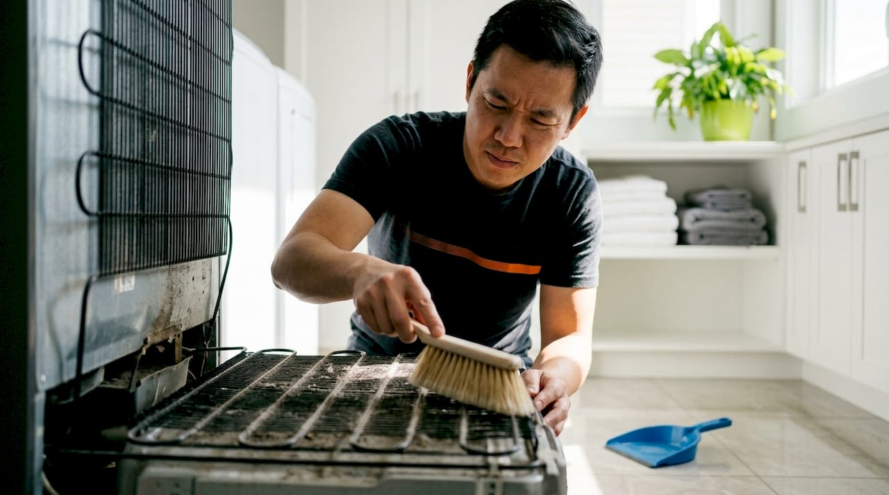 Hands cleaning refrigerator coils with brush