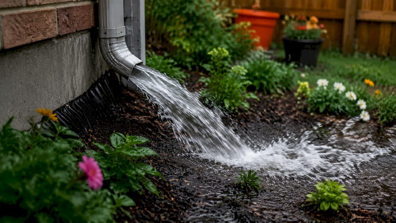 Water flowing from downspout away from foundation