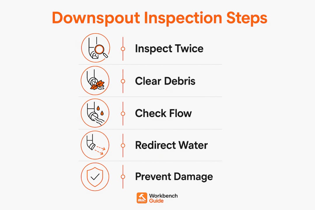 Infographic showing downspout inspection steps