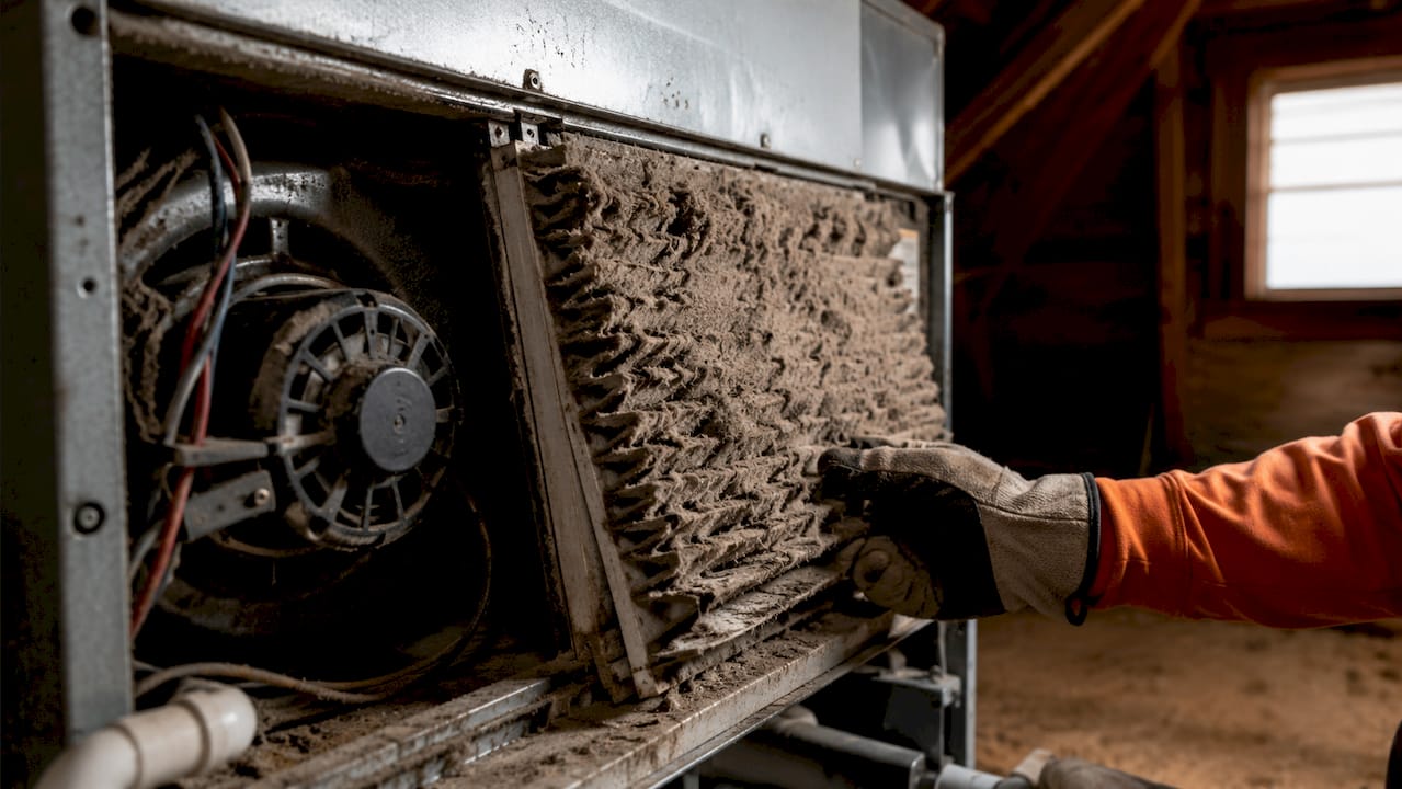 Clogged furnace filter inside HVAC blower compartment