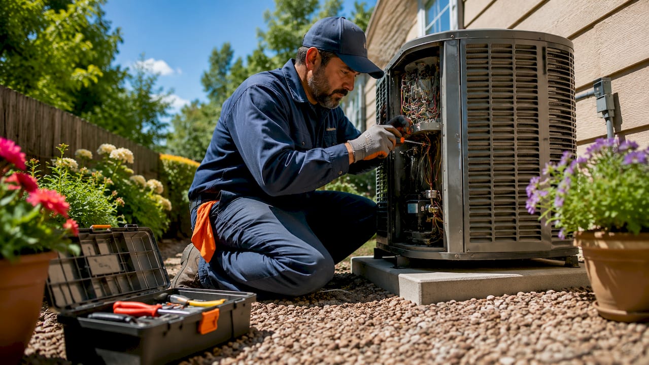 Technician inspecting outdoor HVAC unit