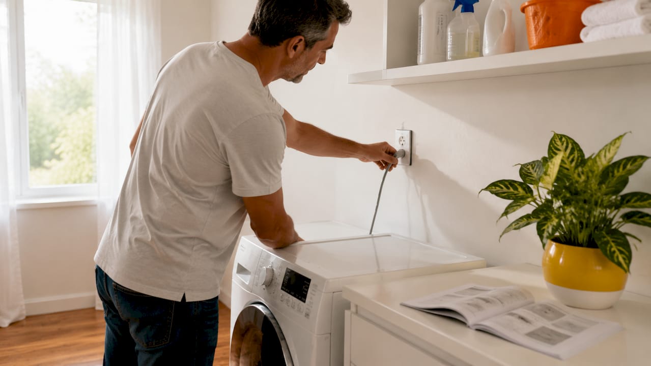 Hands unplugging washing machine in laundry room