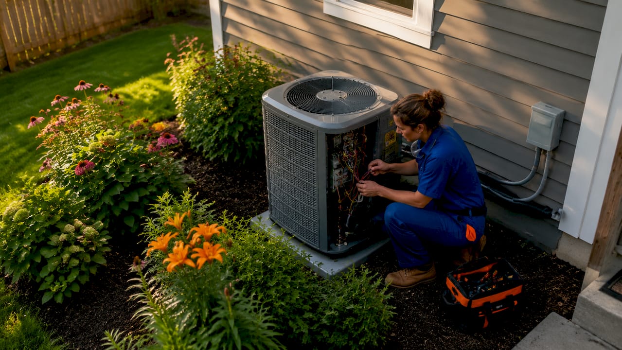 Technician inspecting HVAC unit outdoors