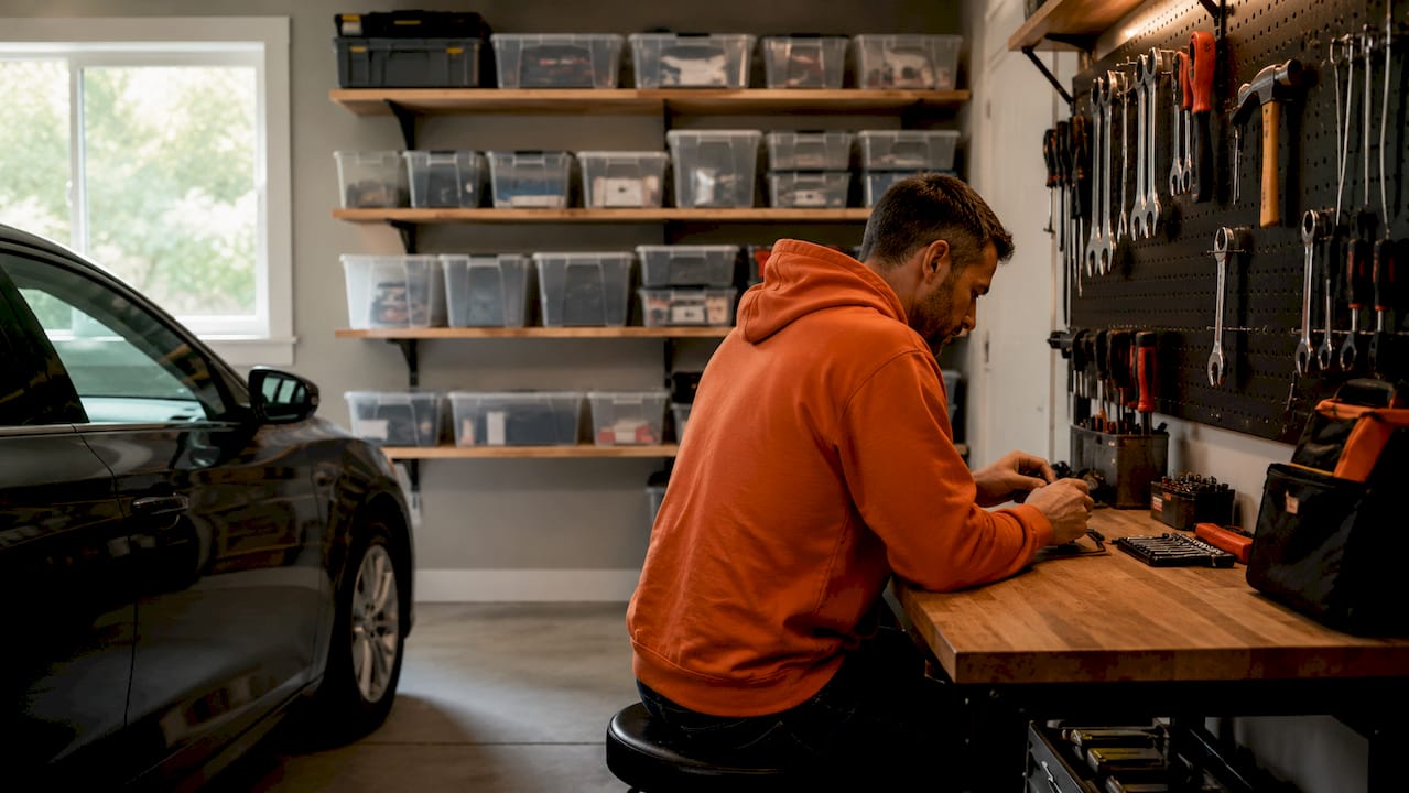 Clean, organized single-car garage interior
