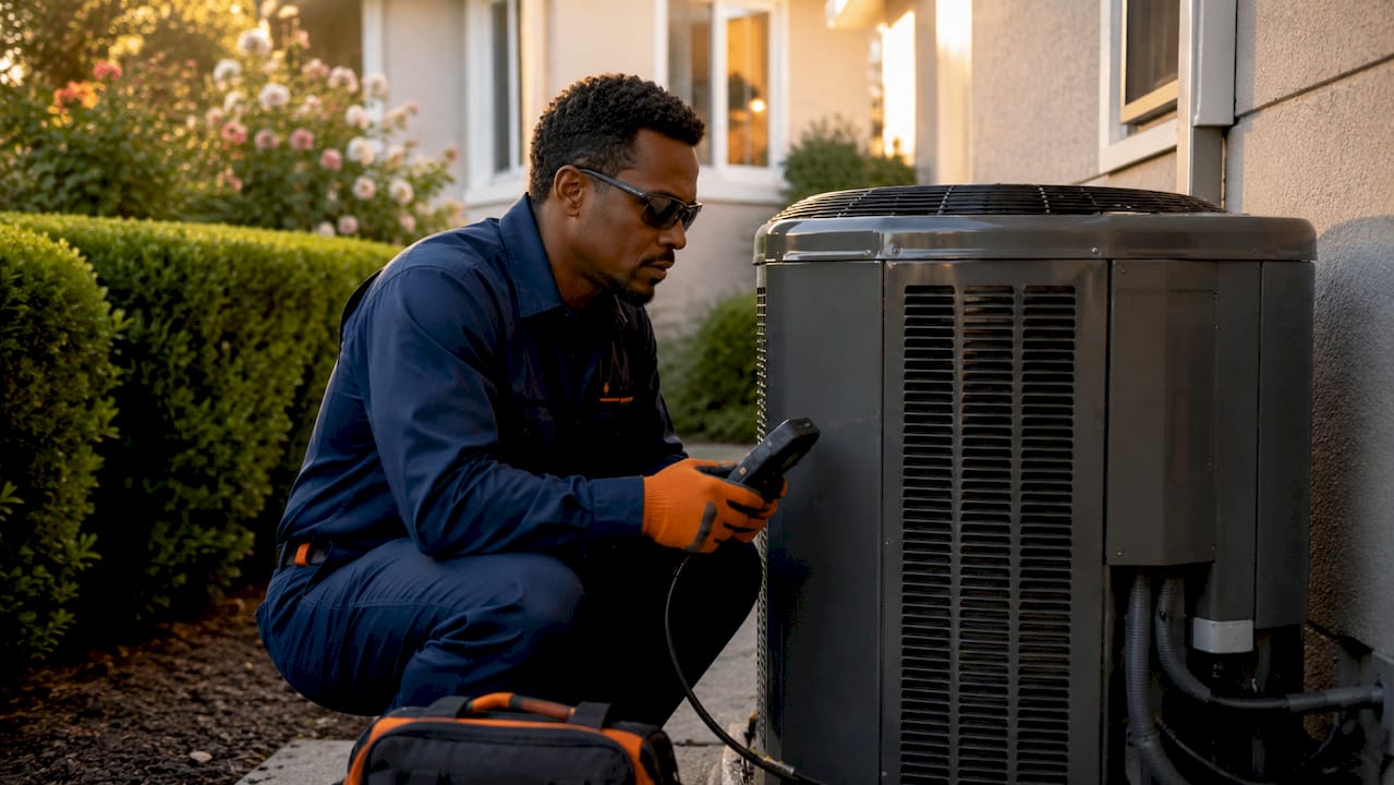 Technician inspecting heat pump outside home