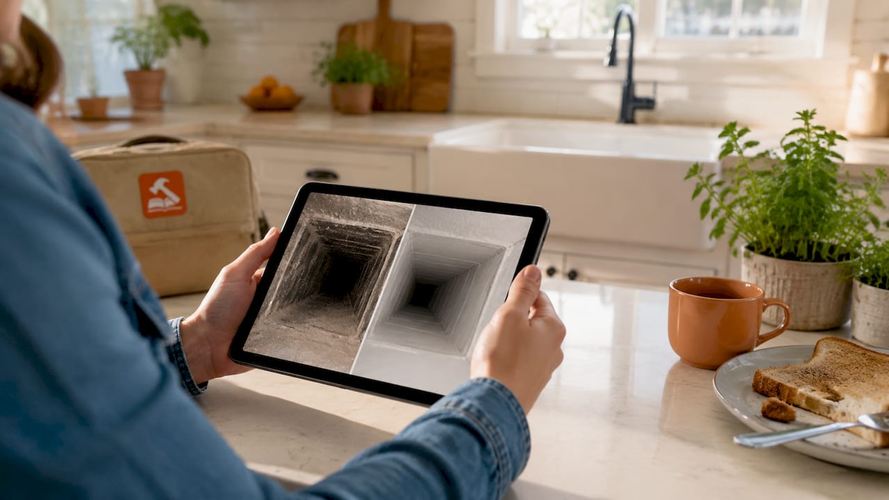 Hands showing duct cleaning before and after images on tablet