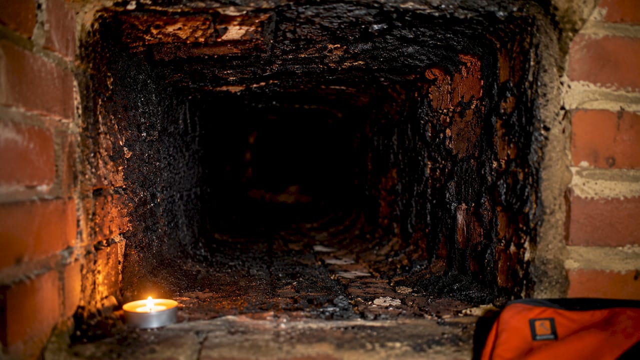 Close-up of creosote buildup inside chimney flue