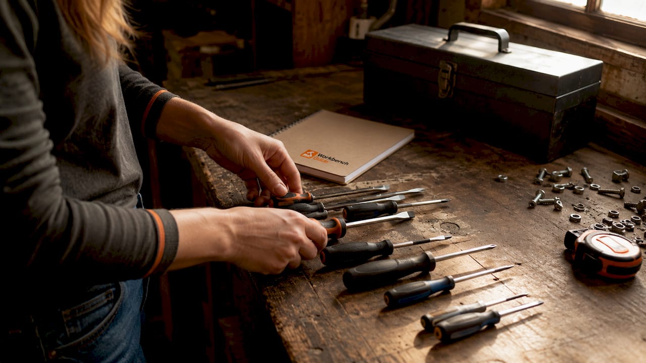 Close-up of hands arranging screwdrivers on table