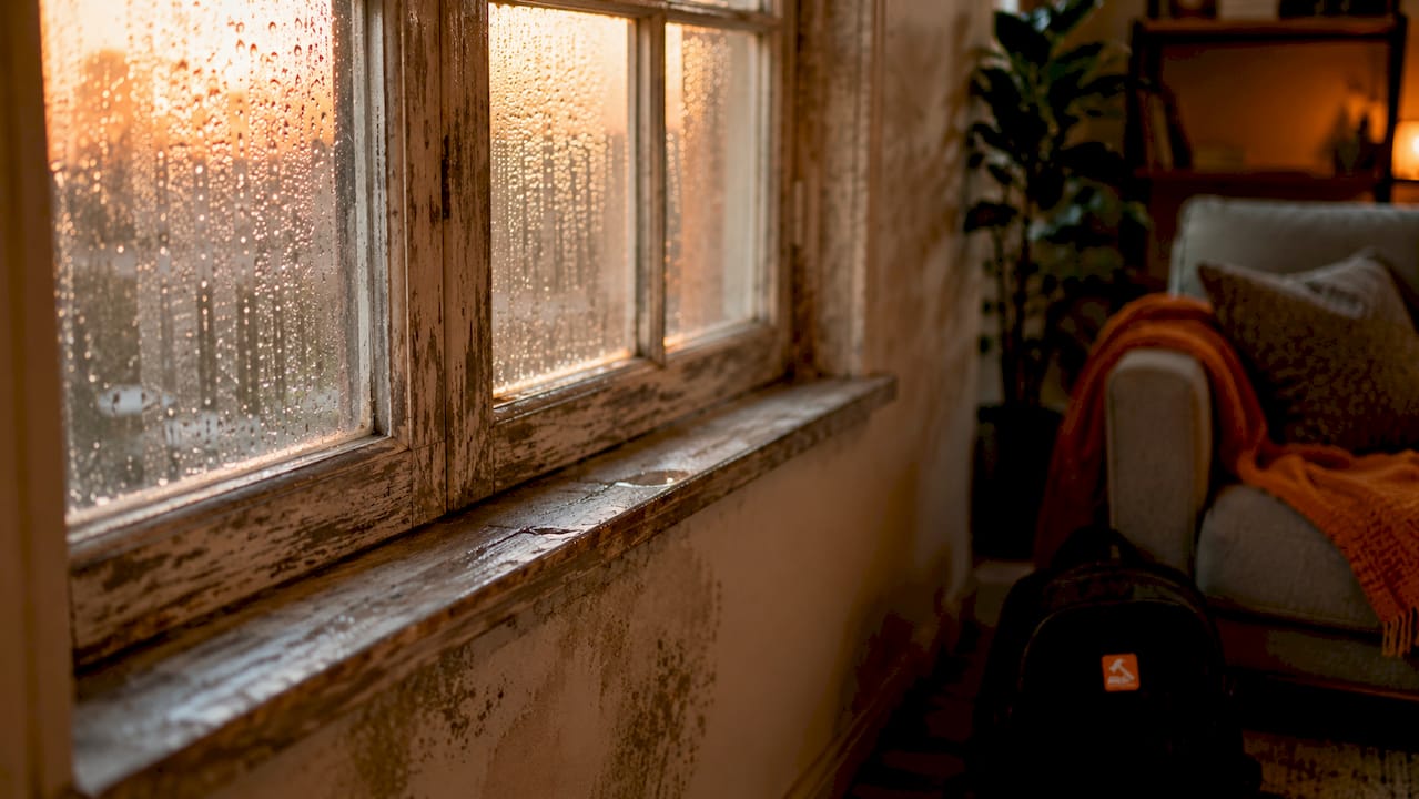 Condensation and cracked paint on window sill