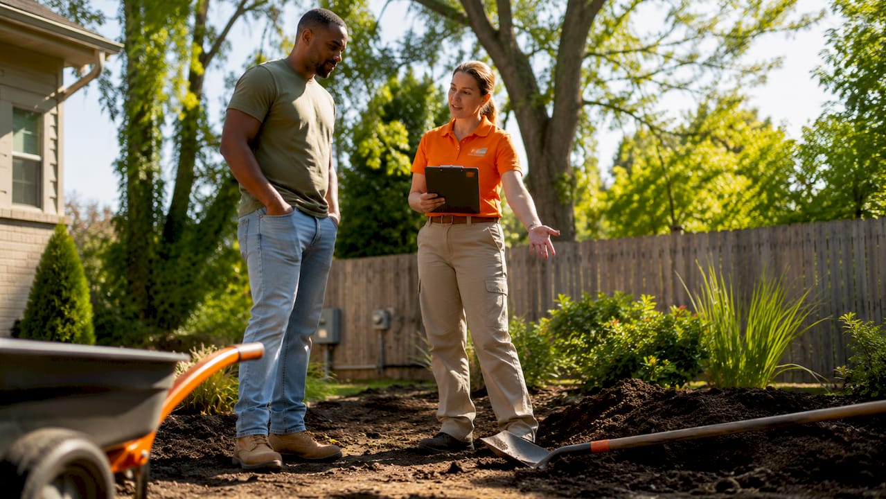 Homeowner consulting building inspector outdoors