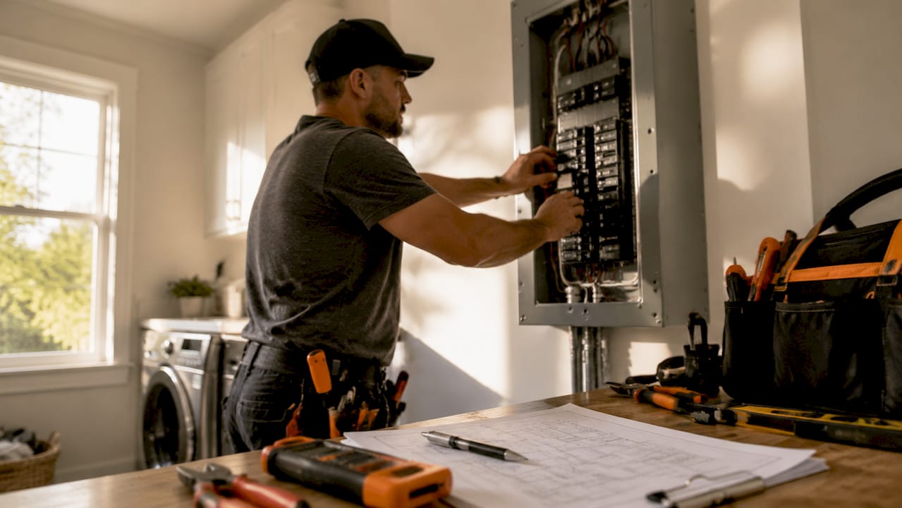Electrician adjusting breakers in electrical panel