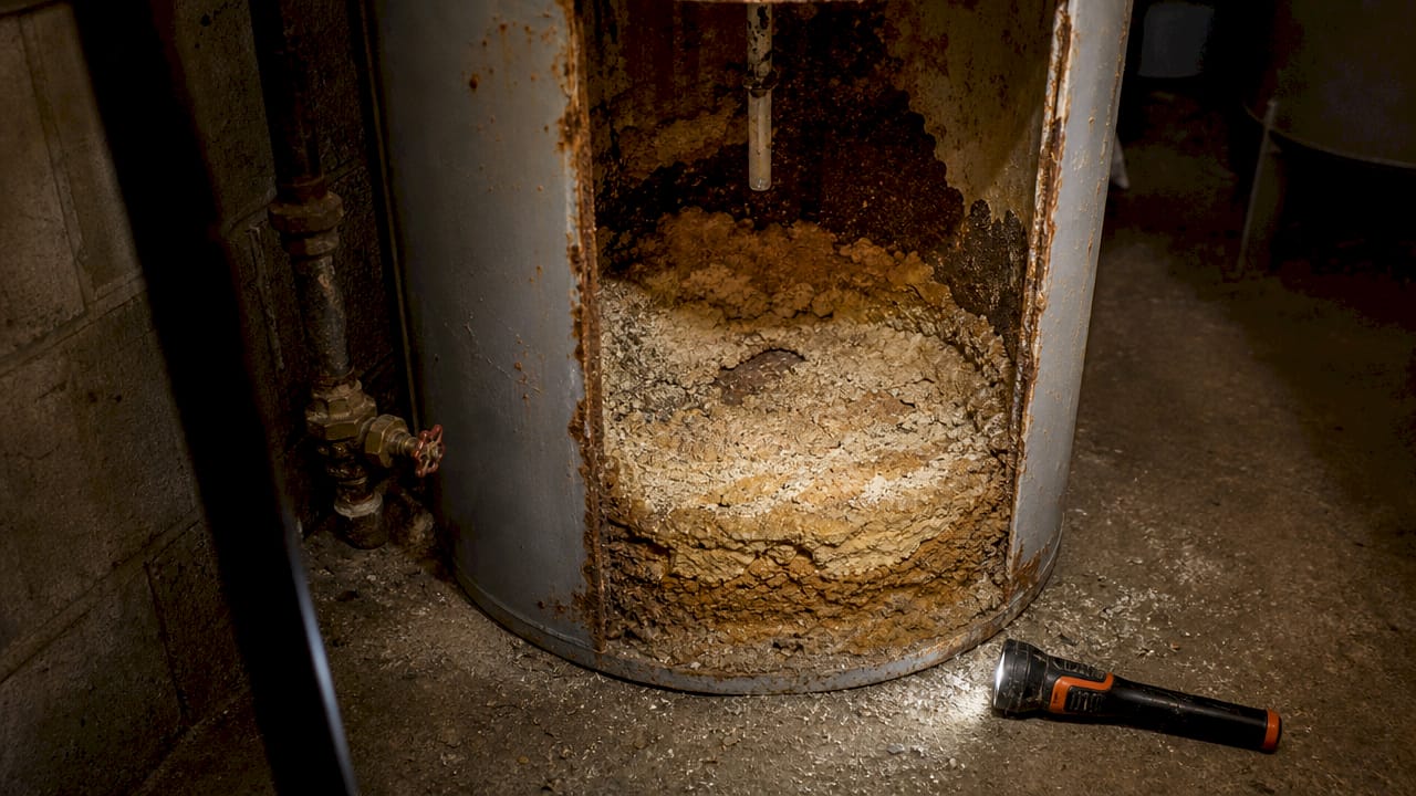 Close-up of sediment buildup inside water heater tank