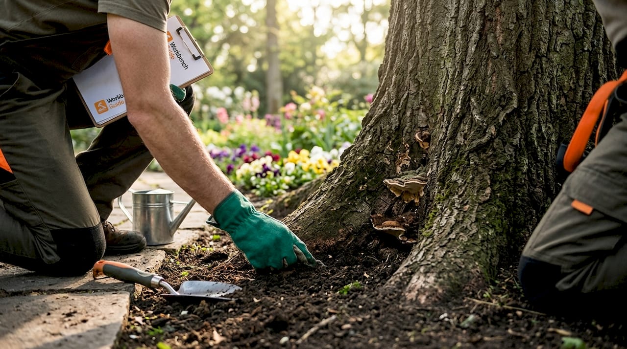 Hands inspecting tree root signs and fungus