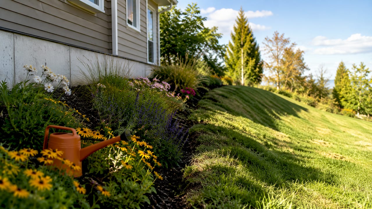 Properly graded yard with drainage features near foundation