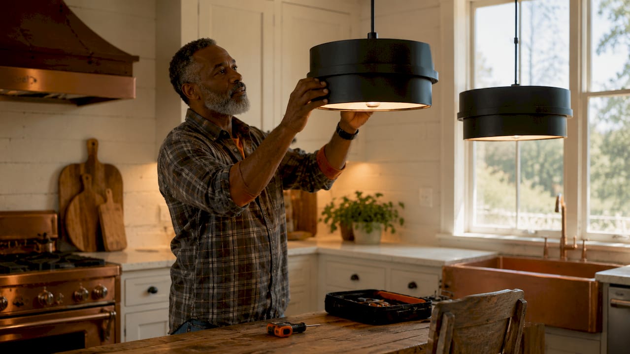 Man adjusting layered lighting in kitchen