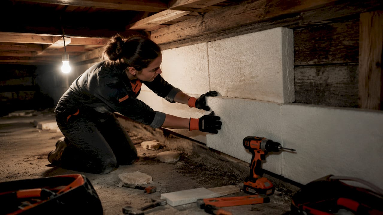 Hands installing insulation board on basement wall