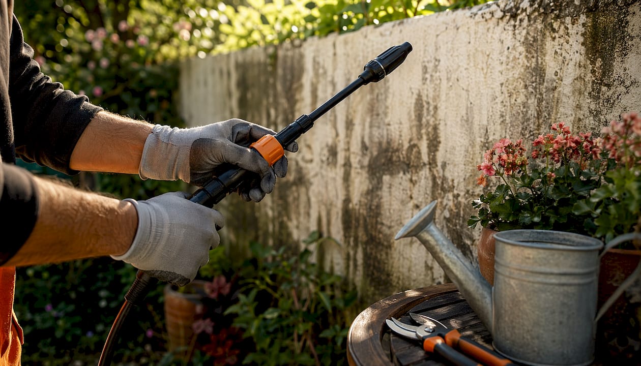 Hands using soft washing pressure washer on stucco