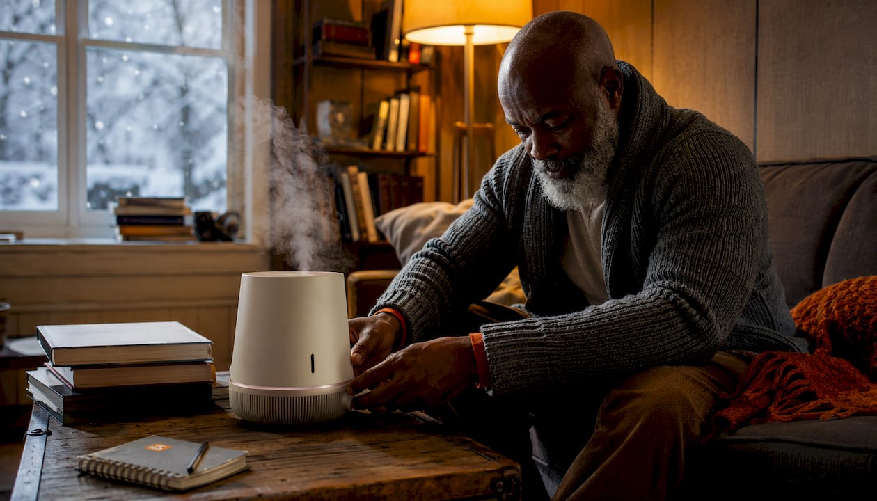 Man adjusting humidifier in cozy winter living room