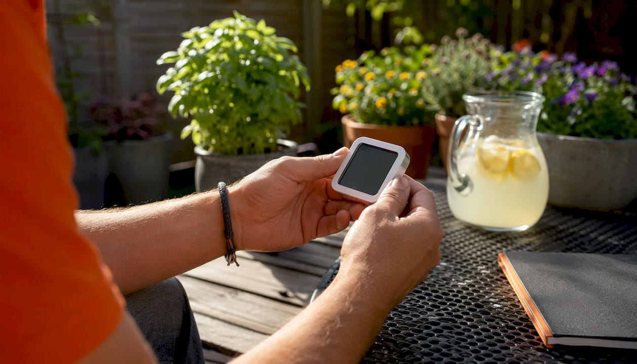 Hands holding digital hygrometer in kitchen